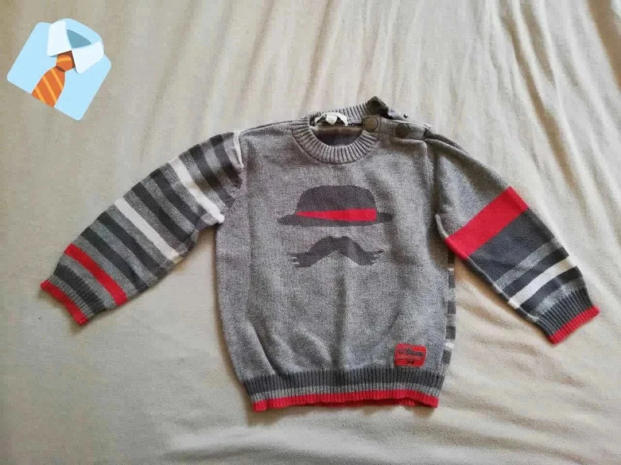 Prémaman Pull Bébé 12 Mois 74 cm Gris Motif Chapeau Moustache Bon état
